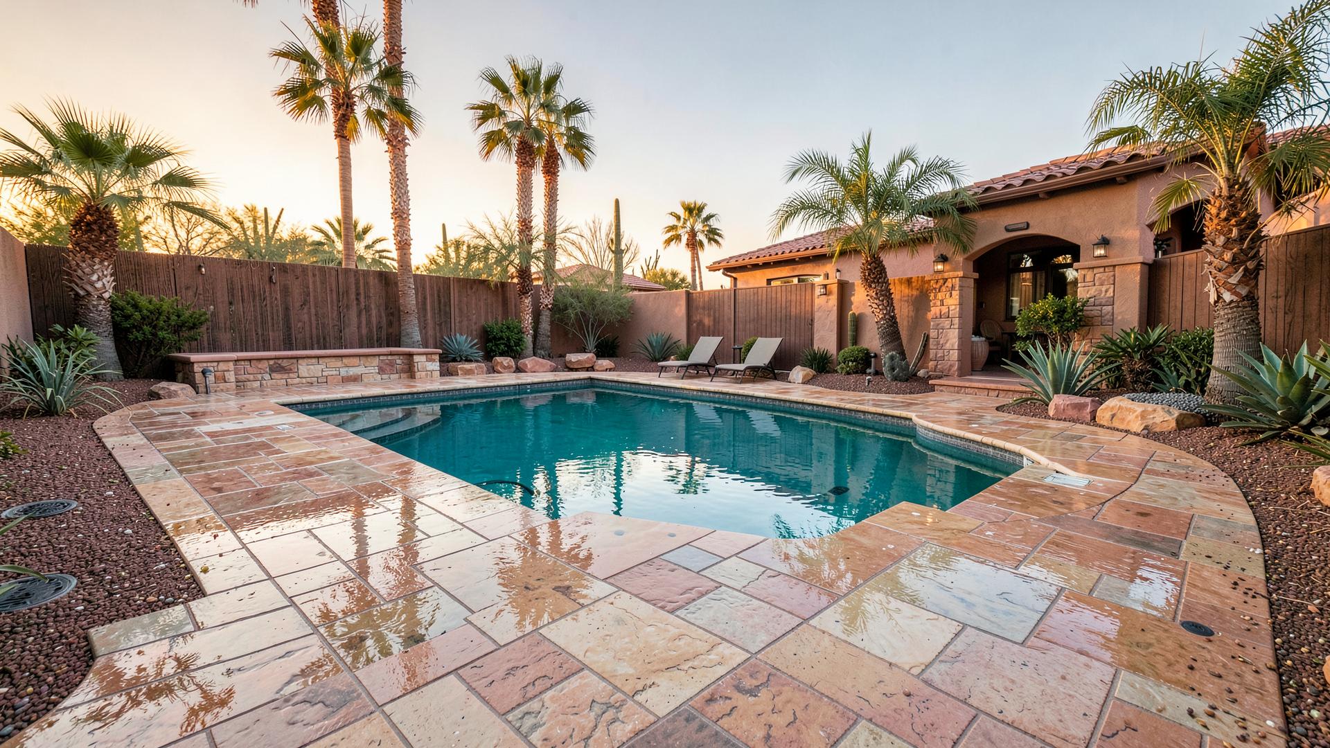 Freshly sealed travertine pool deck at a Scottsdale home at golden hour