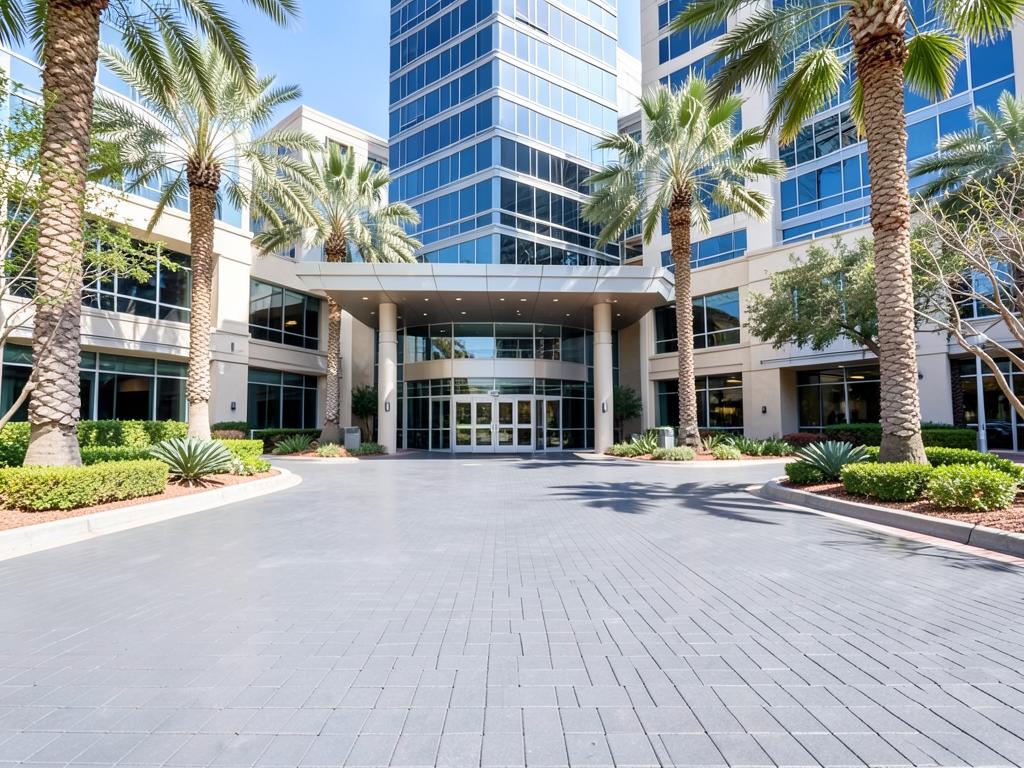 Freshly sealed commercial paver plaza in Phoenix