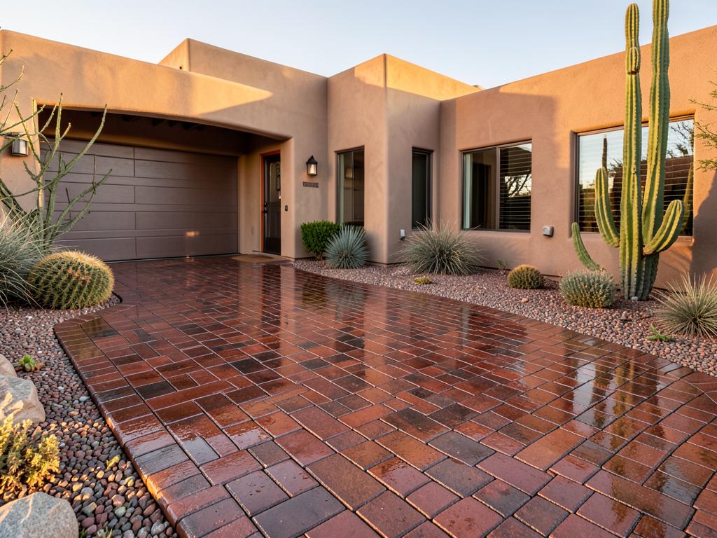 Freshly sealed glossy brick paver driveway in Scottsdale