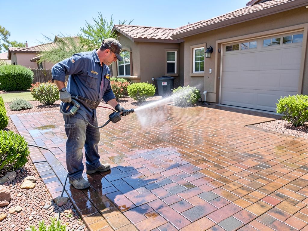 Technician restoring a brick paver pool deck in Arizona