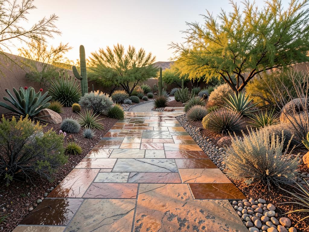 Sealed natural flagstone walkway in a desert garden